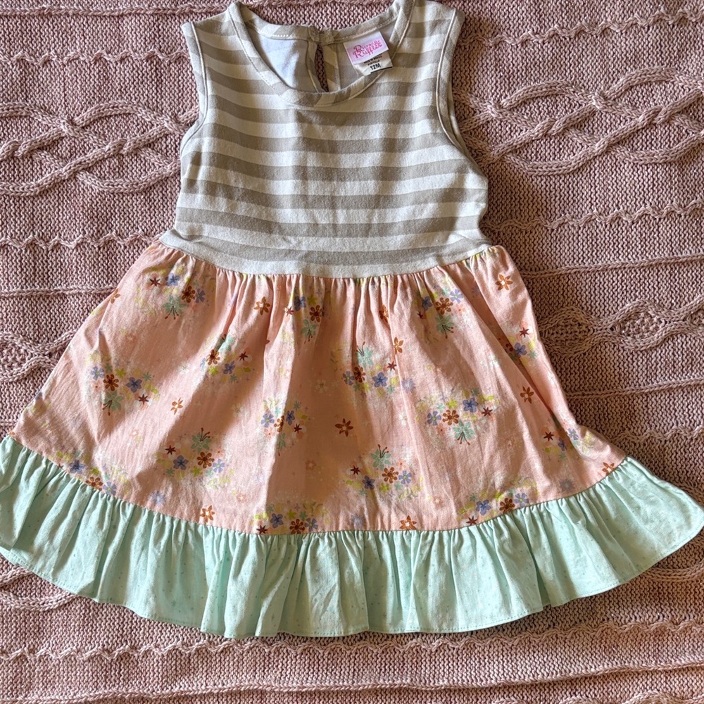 Striped Bodice Peach Floral Dress with Mint Ruffle